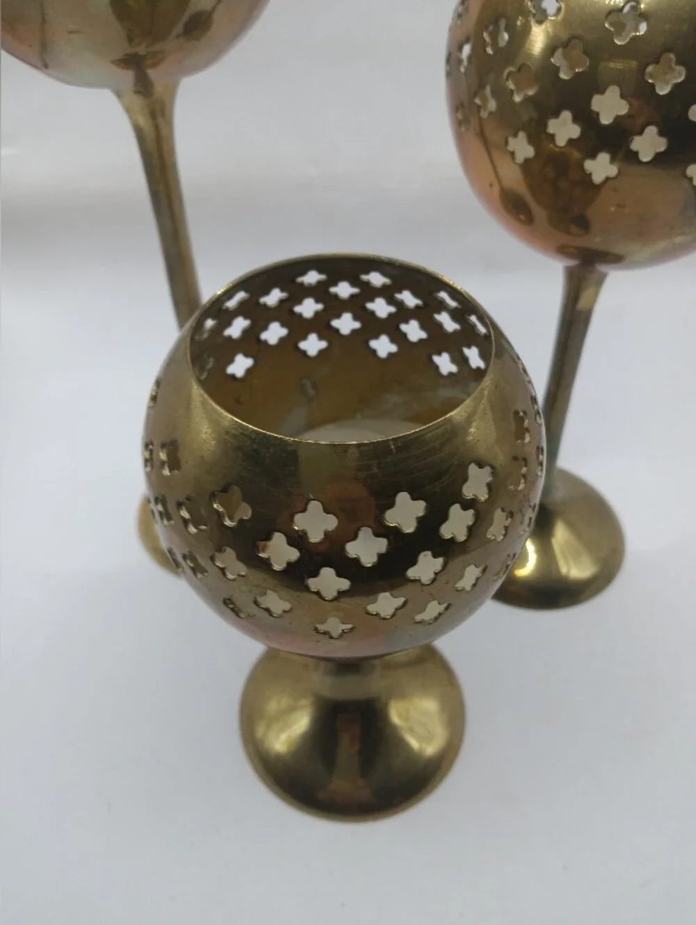 Vintage Brass Goblet Tea Light Candle Holders Pierced Cutout India Set Of 3